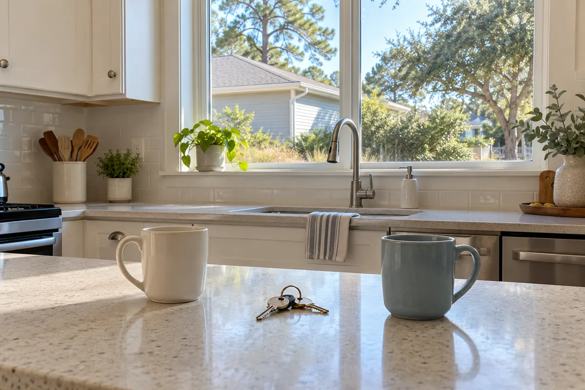 Two coffee mugs and a set of keys on a kitchen counter