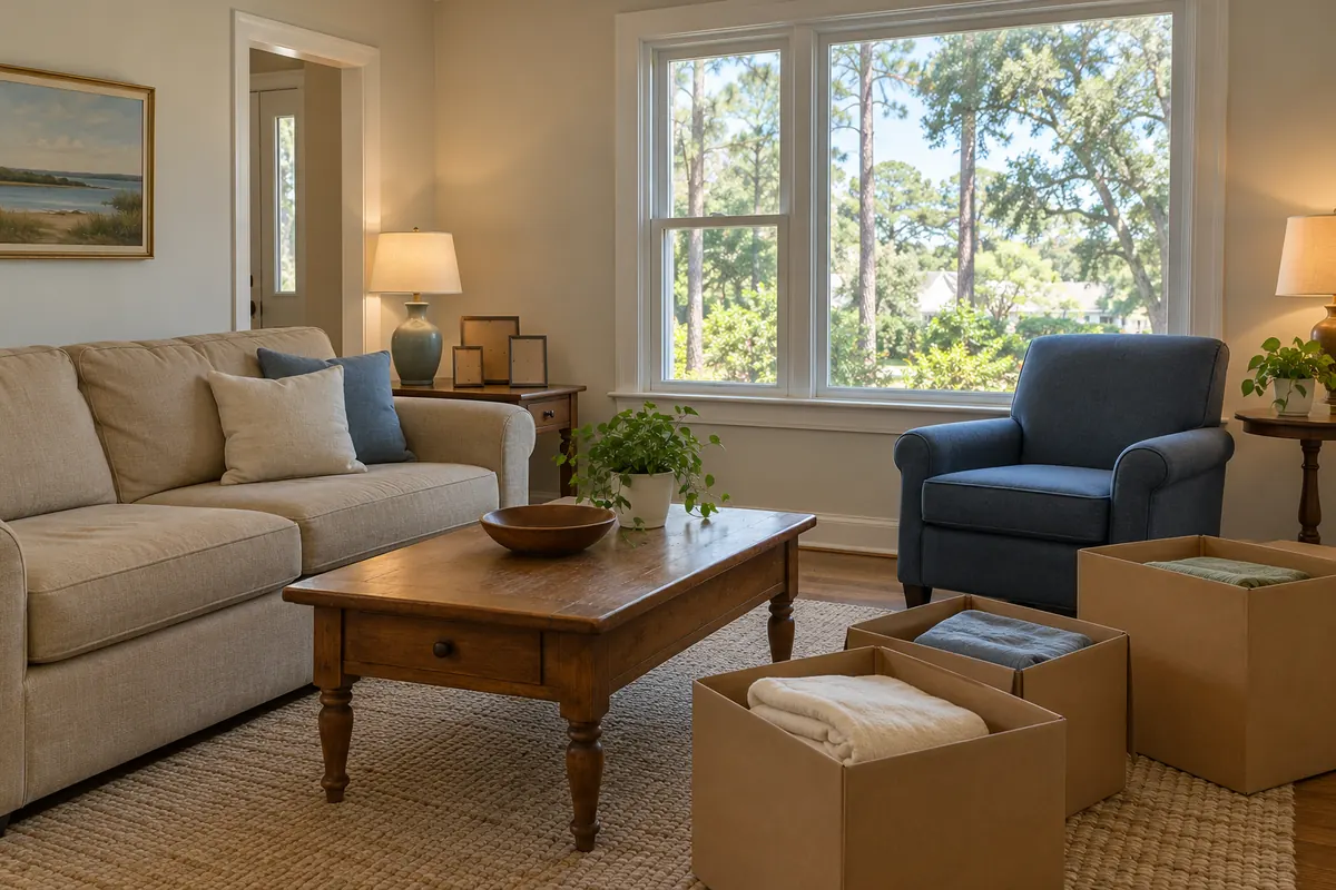 Living room of an older family home with a few packed boxes