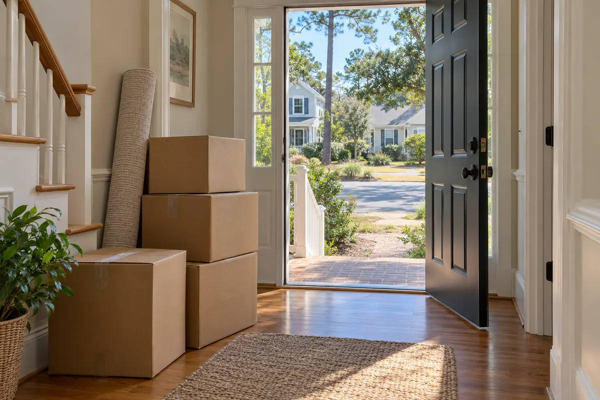 Moving boxes stacked by the front door of a house